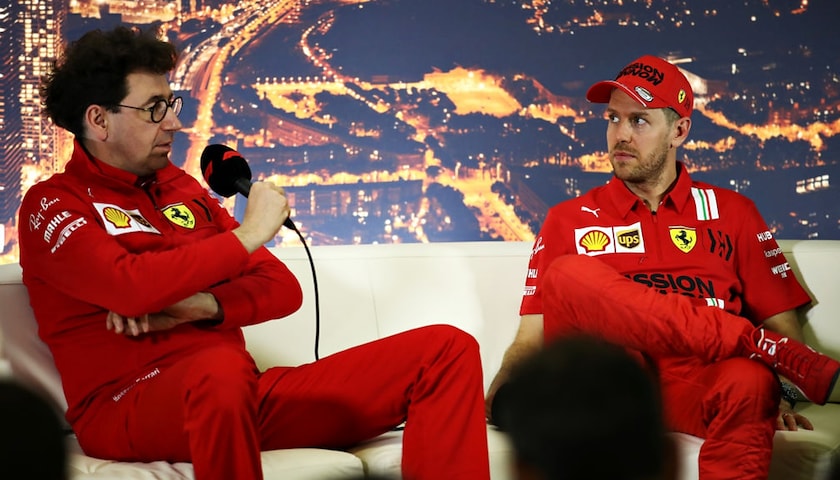 Il Team Principal Ferrari Mattia Binotto e Sebastian Vettel 